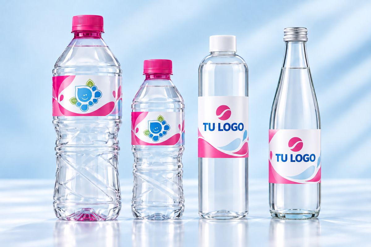 Ejemplos ilustrativos de botellas de 1 litro y 500 ml, tipo Boston y de cristal con etiquetas personalizadas